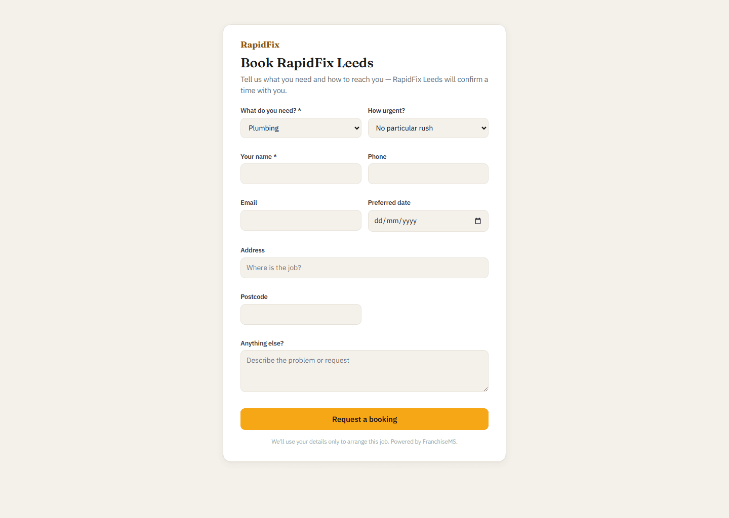 Franchise booking software: A unit's customer-facing online booking page in FranchiseMS