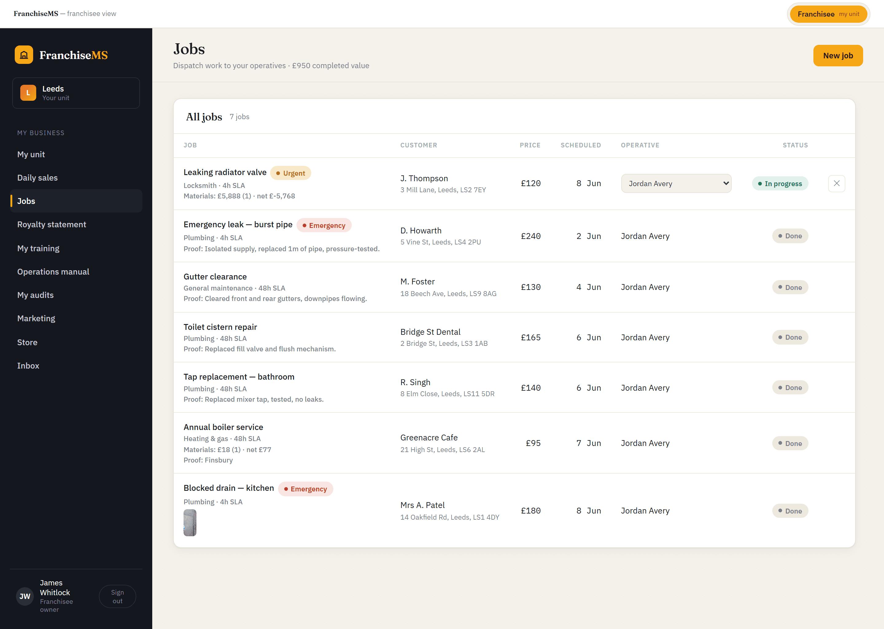 Franchise booking software — Customer online booking that lands as a job in FranchiseMS