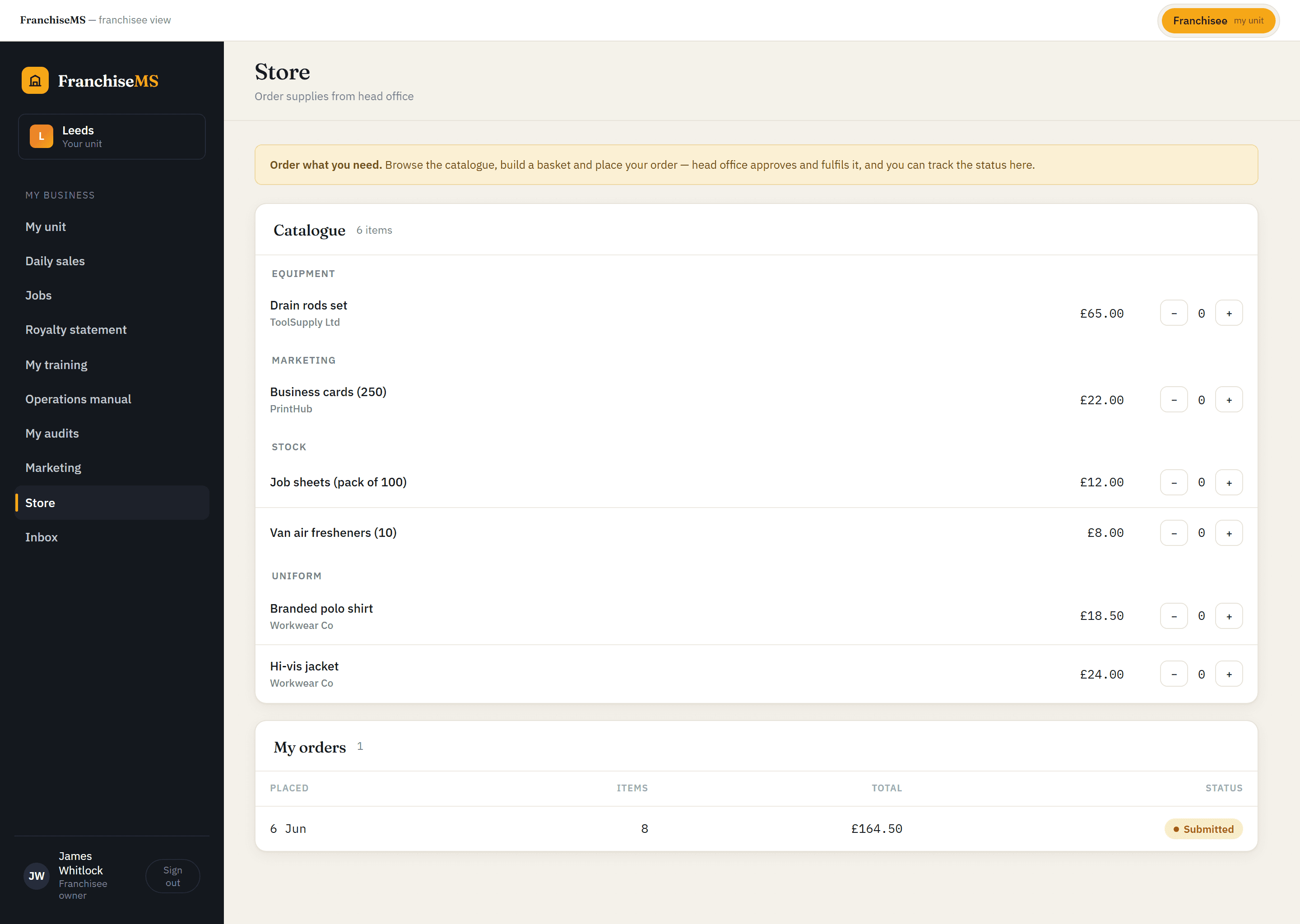 Franchise supply ordering software — Branded company store and supply ordering in FranchiseMS