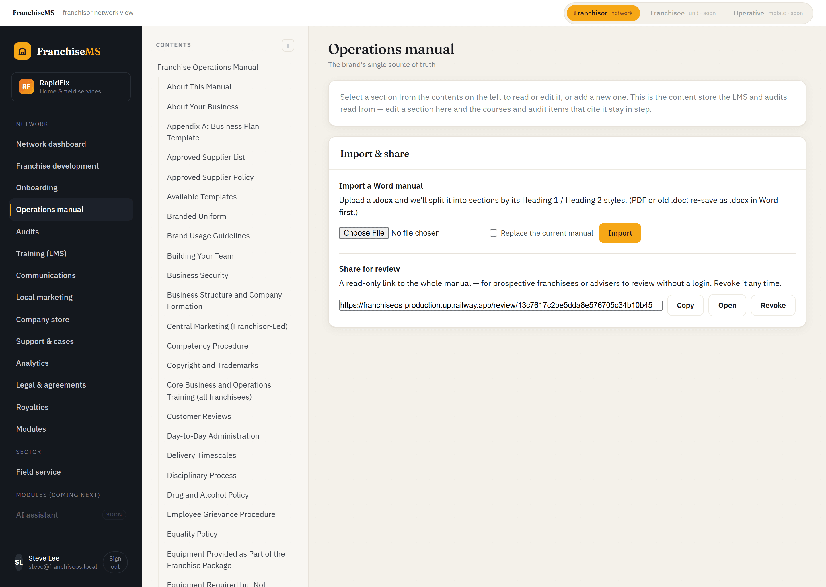 Versioned franchise operations manual in FranchiseMS