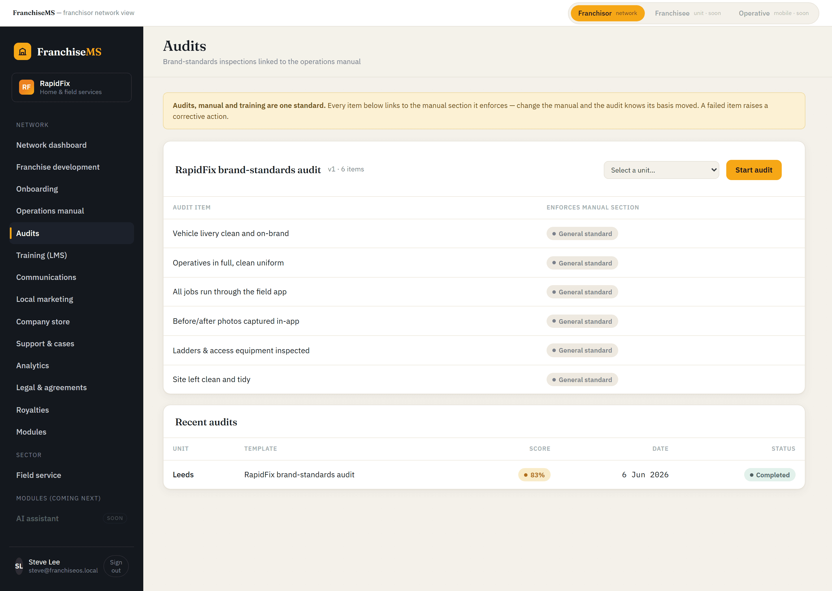 Franchise audit and corrective-actions screen in FranchiseMS