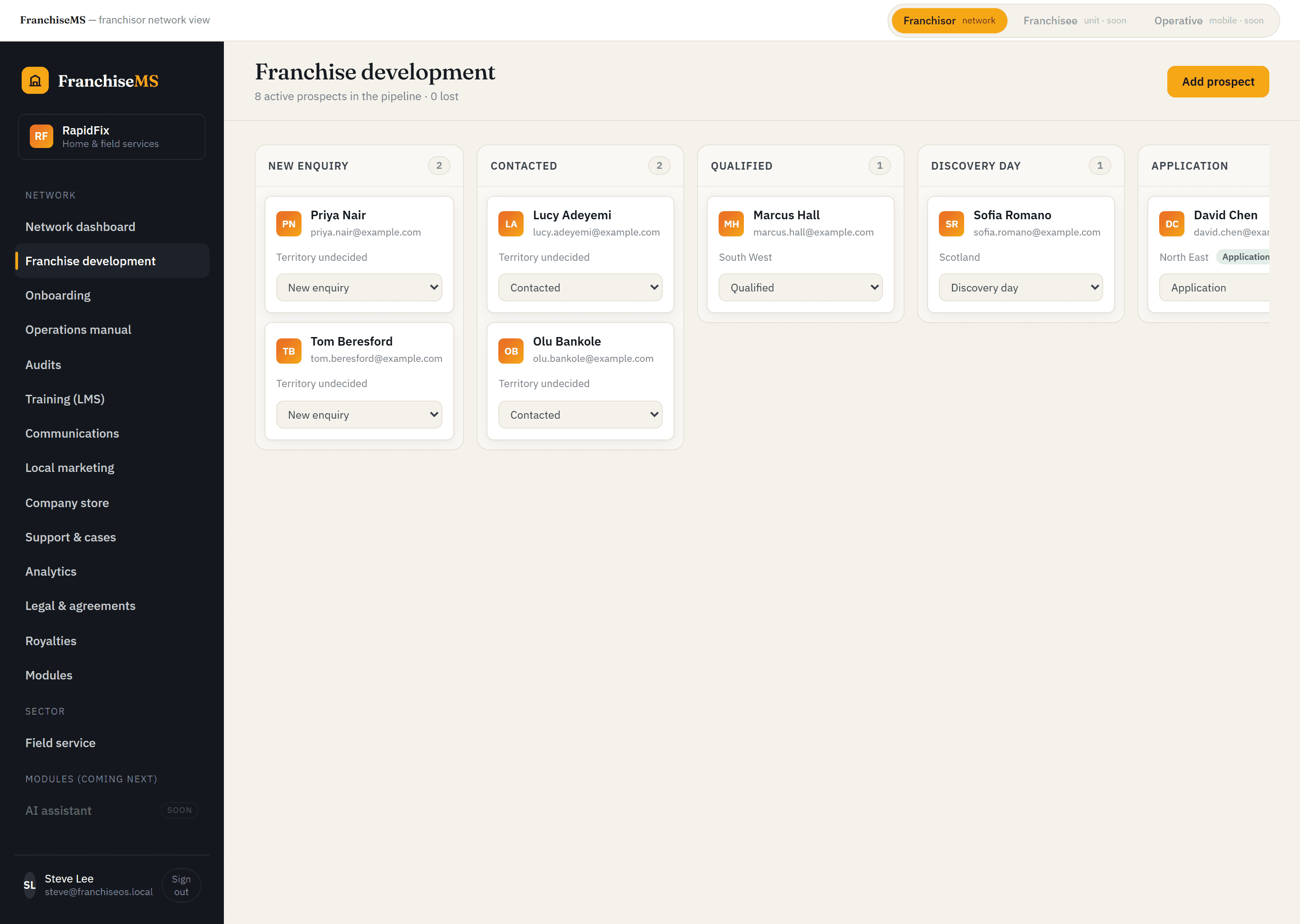 Franchise development and onboarding pipeline in FranchiseMS